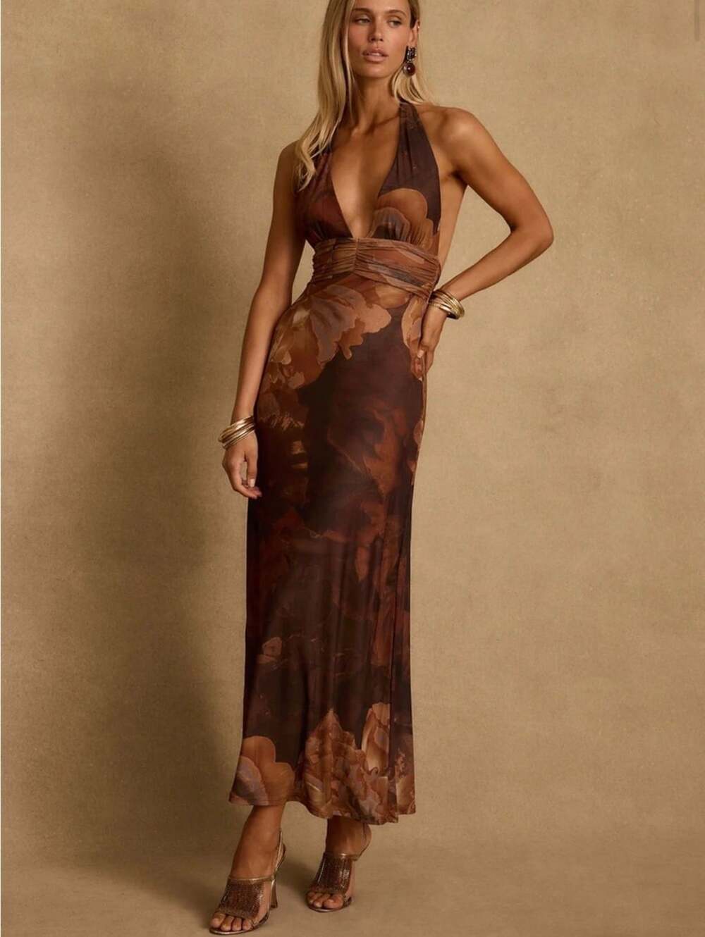 12th Tribe Rosalia Mocha Mesh Maxi Dress